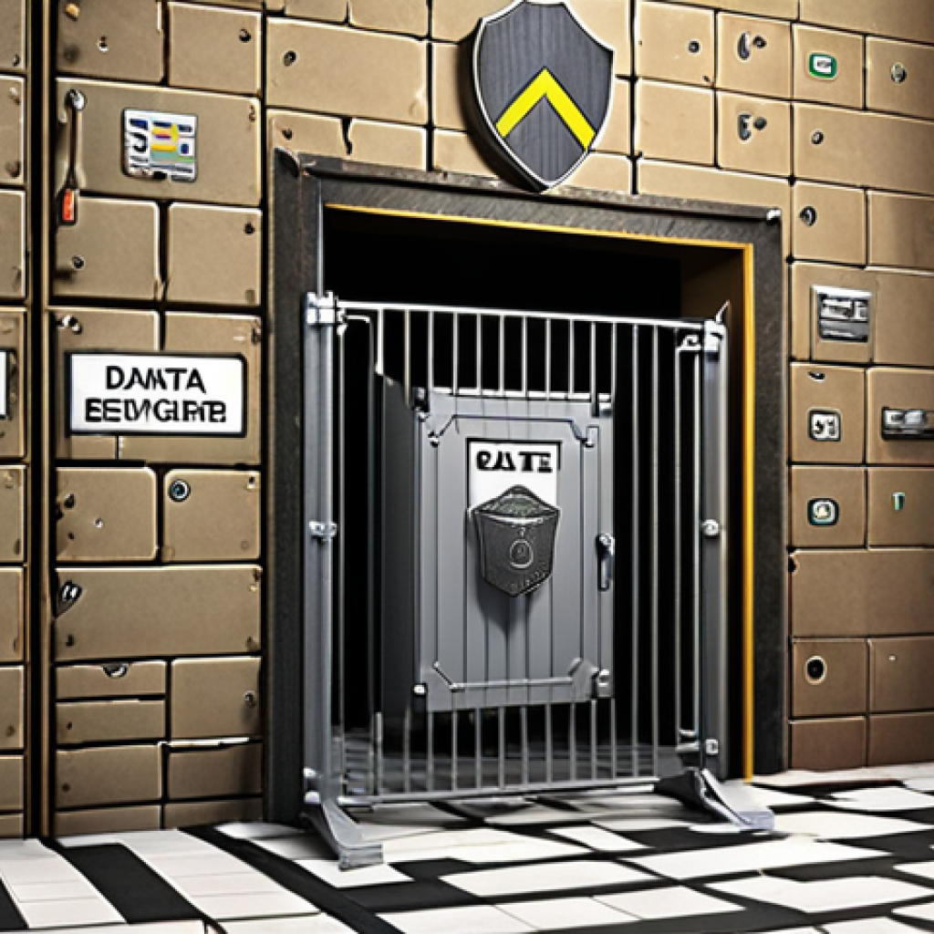 **A digital fortress with layers of security measures, including a gate labeled "Access Control," a treasure chest labeled "Data Encryption," and a shield labeled "Malware Protection," all surrounding a central server.**