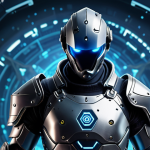 A person wearing cyber armor in a digital world, emphasizing protection from cyber attacks, with a cyber insurance logo subtly placed.
