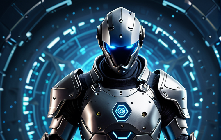 A person wearing cyber armor in a digital world, emphasizing protection from cyber attacks, with a cyber insurance logo subtly placed.